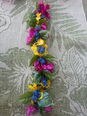 Handcrafted Floral Hair Garland in Pink, Yellow & Blue